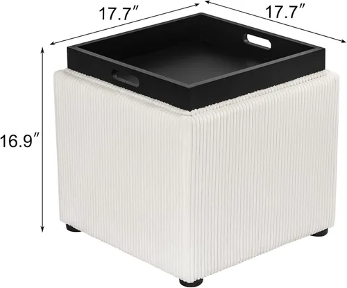 Miniatura 3 de Adeco Otomana de almacenamiento cuadrado de 17" con tapa de bandeja reversible, reposapiés de pana para sala de estar, pequeña mesa de café y mesa