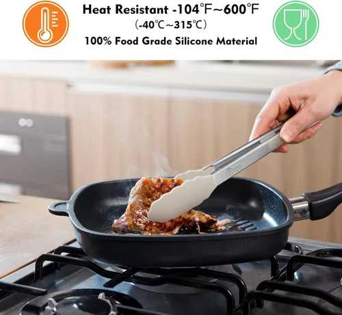 Miniatura 2 de HOTEC Pinzas de cocina de acero inoxidable de alta calidad con puntas de silicona, juego de 2-9 pulgadas y 12 pulgadas, caqui Paquete de 2: caqui