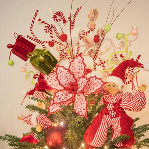 Miniatura 2 de KI Store 6 piezas Flores de Nochebuena Rojas para Árbol de Navidad de 12 Pulgadas Decoraciones de Árbol de Navidad Candyland Exhibición Floral