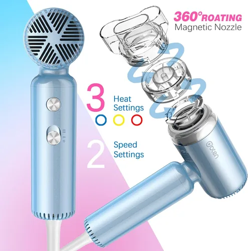 Miniatura 5 de Mini secador de pelo, secadora de alta velocidad con motor sin escobillas de 110,000 RPM, difusor magnético, tecnología iónica negativa para secado
