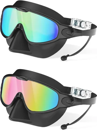 Gafas de natación para adultos con cubierta de nariz para hombres y mujeres, paquete de 2 gafas de natación de visión amplia, antivaho, UV, sin