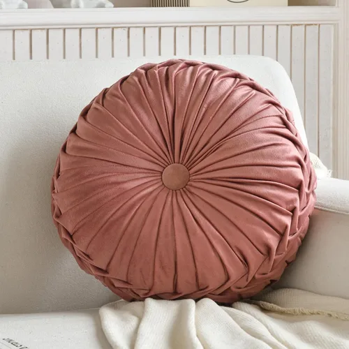 Miniatura 7 de Teieas Almohada Decorativa Redonda de Terciopelo para Decoración del Hogar Almohada Redonda Plisada Cojín para Sofá Silla Cama Coche Rosa Blush