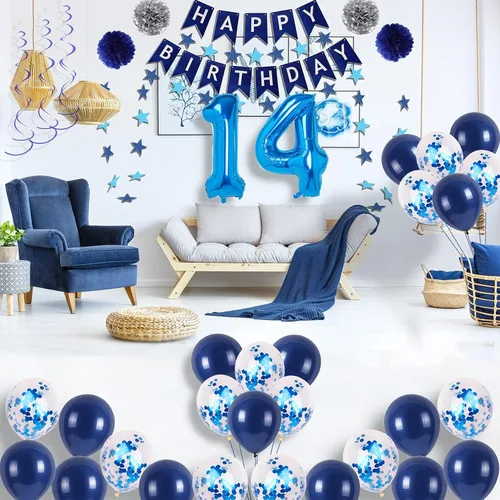 Miniatura 2 de Decoraciones de fiesta de cumpleaños azul número 14 para niños y niñas, suministros de globos de feliz cumpleaños 14 con pancarta de feliz Azul-a-14