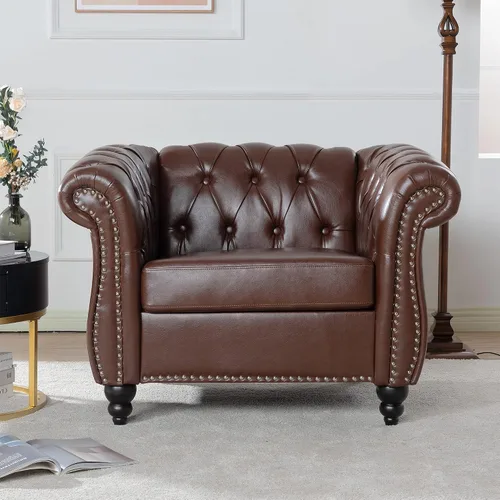 Miniatura 23 de LEVNARY Sillón tapizado de cuero, moderno sofá individual de mediados de siglo con brazos enrollados y cabeza de clavo, silla Chesterfield de piel