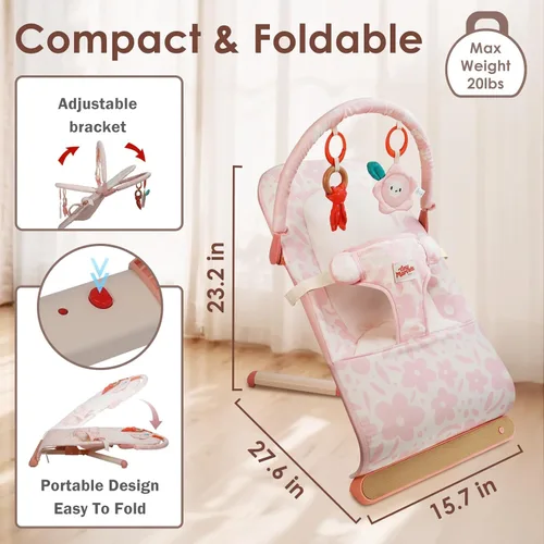 Miniatura 7 de Tiny Marvels Mecedora de bebé, Asiento de gorila de 3 puntos para bebé recién nacido y niño pequeño, Silla de columpio portátil para bebé con Floral