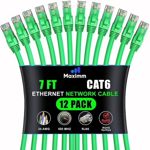 Miniatura 40 de Maximm Cable Ethernet Cat 6 – 7 pies (paquete de 12), LAN de alta velocidad, Internet, parche y cable de red, UTP, 10 Gbps, 550 MHz, color azul