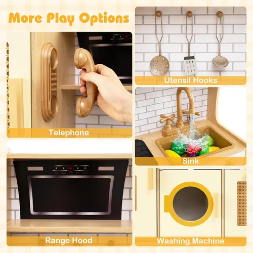 Miniatura 2 de Costzon Juego de cocina para niños, juguete Montessori de madera para niños pequeños de juego de simulación con puerta de ratán, luz y sonido, Ratán