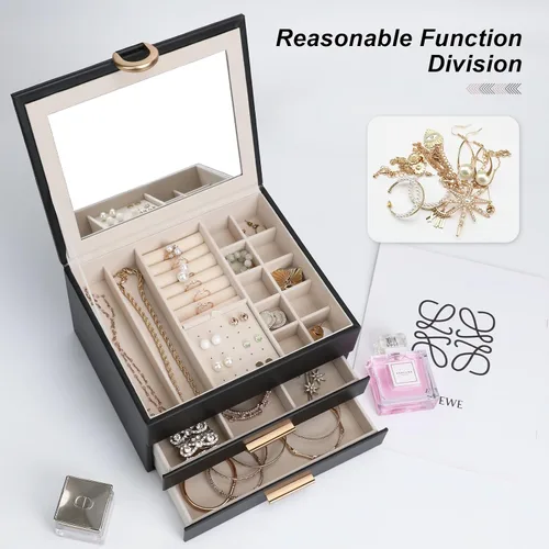 Miniatura 20 de Elegant Gift Jewelry Box with Mirror - 3-Layer Organizer for Earrings, Rings, Necklaces, Ready to Give for Birthday Anniversary Christmas Apricot