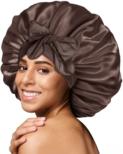 Miniatura 42 de Gorro de satén de seda para dormir con banda ancha para cabello rizado, color rosado oro rosa claro