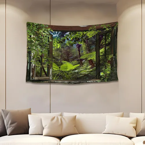 Miniatura 24 de QGHOT Tapiz de bosque brumoso, tapiz de montaña natural para colgar en la pared, paisaje de acuarela verde salvia, arte de pared para dormitorio
