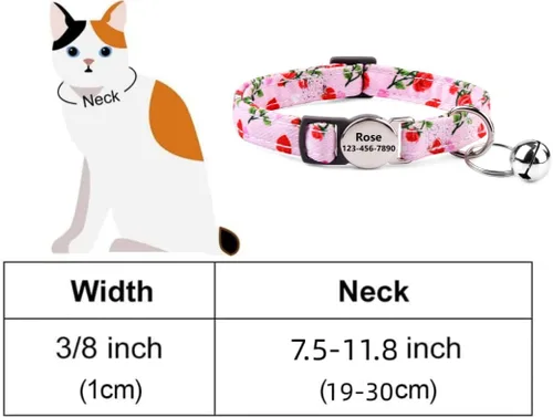Miniatura 5 de Collar de gato con nombre de identificación, placa de número de teléfono, patrón floral grabado personalizado, collar de gatito con campana, azul a