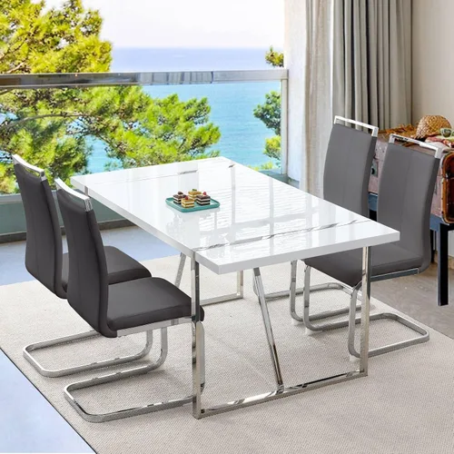 Miniatura 35 de Mesa de comedor Ebullient para 4, mesa de comedor rectangular negra de MDF, tapa de mesa de cena de mármol falso, mesa de comedor moderna con marco