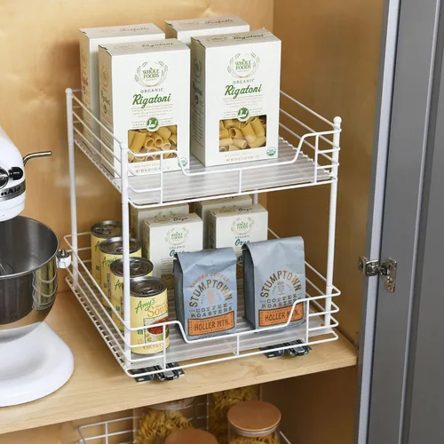Miniatura 6 de Household Essentials Organizador de despensa de dos niveles de acero blanco con detalles de plástico forrado limpio