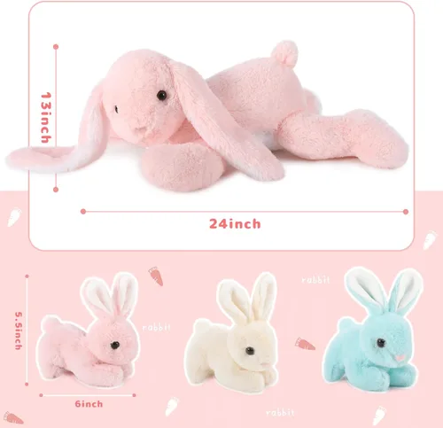 Miniatura 4 de BENINY Peluche de conejo rosa grande de 24 pulgadas – Conejito de peluche grande de Pascua, regalos para niñas y bebés, sorpresa de peluche con 3