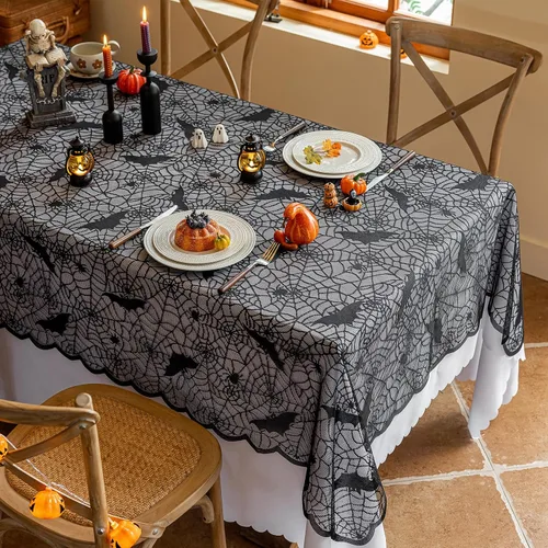 Miniatura 12 de Joyfol Day Mantel de tela de araña de Halloween, mantel redondo de encaje negro de 70 pulgadas, mantel lavable y espeluznante, mesas de telaraña