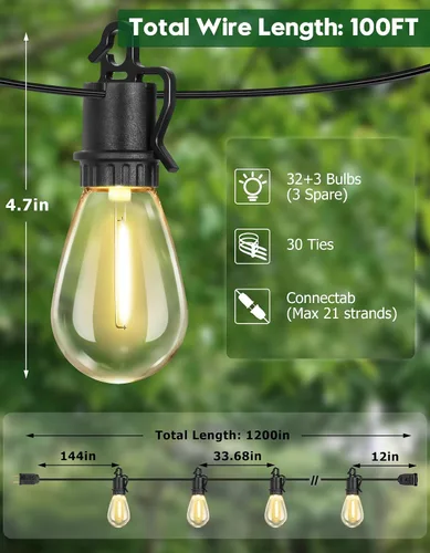 Miniatura 3 de Guirnalda de luces para exteriores de 100 pies con 35 ofertas de patio inastillables S14 bombillas Edison vintage E12, luces regulables de 2700 K