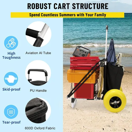 Miniatura 4 de Carrito de Pesca para Playa, Ruedas de Globo Grandes de 13" con Neumáticos Sólidos de PU Sin Pinchazos para Arena, Carrito de Arena Plegable