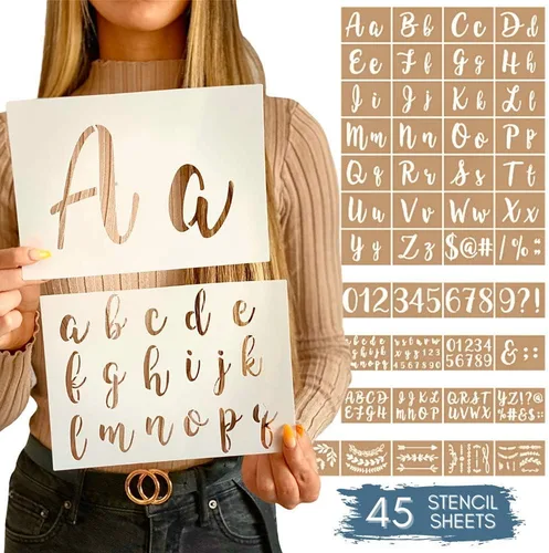 Kit de plantillas para plantillas de caligrafía boutique, 45 piezas reutilizables, letras superiores, minúsculas, grandes y pequeños, números,