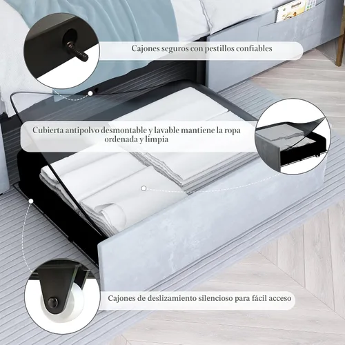 Miniatura 4 de Marco de Cama Queen con LED y 2 Cajones, Cabecero de Plataforma Moderno Resistente Ajustable Tapizado con Botones de Cristal Acolchado, Marco de Gris