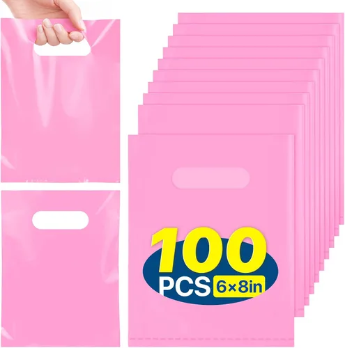 Miniatura 15 de ANZNKU 100 bolsas de regalo pequeñas multicolor con asa para dulces, muestras de bocadillos, manualidades, bolsa de regalo de plástico a granel