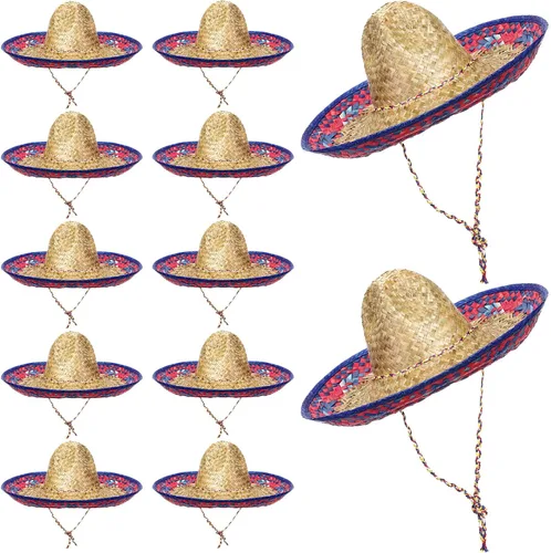 Miniatura 8 de Mumufy 12 sombreros para adultos, hombres y mujeres, con sombrero de paja para barbilla, fiesta de disfraces mexicanos (color clásico)