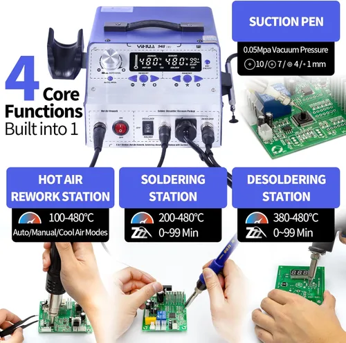 Miniatura 2 de Estación de soldadura YIHUA 948-II 4 en 1 pistola de aire caliente para retrabajo y soldadura con pistola de succión de estaño °F/°C con pluma