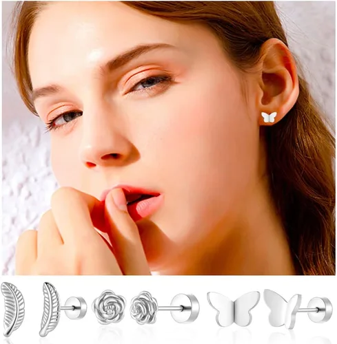 Miniatura 3 de 18 pares de aretes tipo dormilona para mujeres y hombres, de acero inoxidable quirúrgico 316L, hipoalergénicos, con parte trasera plana, aretes