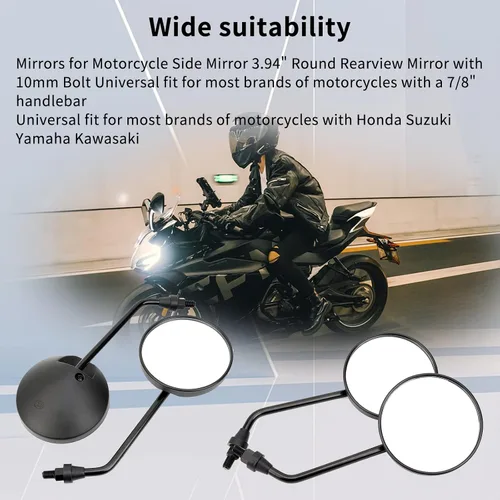 Miniatura 4 de Espejo retrovisor universal redondo de 3.94 pulgadas/0.394 in compatible con Honda Suzuki Yamaha Kawasaki, para la mayoría de marcas de motocicletas
