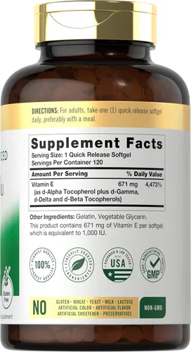 Miniatura 2 de Carlyle Cápsulas blandas de vitamina E de 1000 UI con tocoferoles mixtos 120 píldoras Suplemento de origen natural Fórmula sin OMG y sin