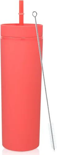 Miniatura 15 de Volhoply Paquete a granel de 4 vasos delgados de plástico de 20 onzas, vaso de doble pared con tapa y popote, taza reutilizable de viaje para café