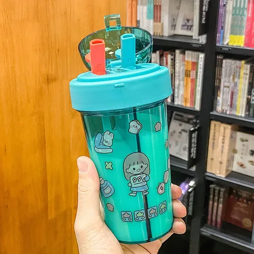 NCDUANSAN 420ML Kawaii Water Cup Cute Girl Doble paja al aire libre Doble Botella portátil de plástico con pajita (azul)