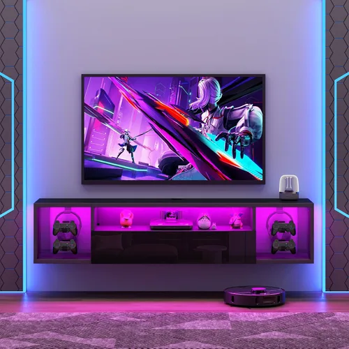 Miniatura 10 de SogesPower Soporte flotante para TV montado en la pared con luces, soporte de TV LED, centro de entretenimiento flotante con almacenamiento
