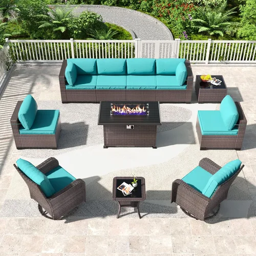 Miniatura 93 de Kullavik Juego de 13 muebles de patio al aire libre con mesa de fogata de gas propano de 43 pulgadas, 55000 BTU, mimbre de polietileno, sofá Arena
