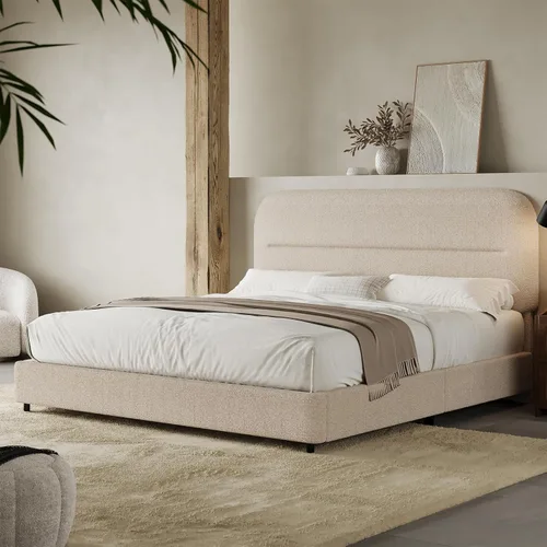 HOMBCK - Base de cama tapizada de tejido bouclé con cabecera suave con diseño de esquinas redondeadas, listones de madera, no requiere somier, fácil