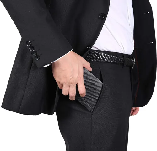 Miniatura 7 de NUMBER.WU 2 ID ventana carteras para hombres bloqueo RFID hombres de fibra de carbono doble cuero genuino trifold cartera para hombre, Negro, M