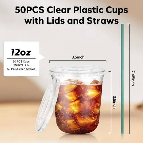 Miniatura 3 de 50 vasos de plástico transparente de 12 onzas con tapas y pajitas verde oscuro, fondo redondo desechables para llevar tazas de café helado, tazas