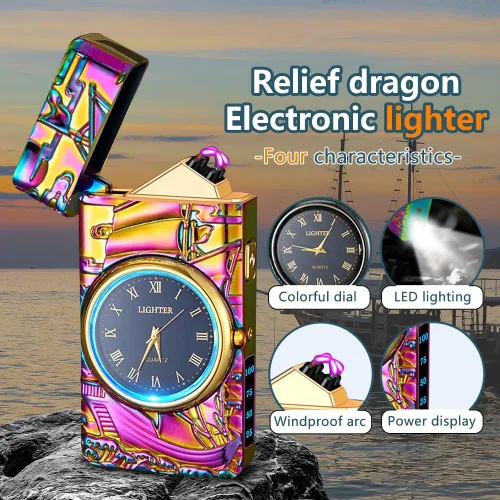 Miniatura 3 de SKRFIRE Encendedor de Arco de Velero - Recargable por USB, Encendedor de Metal Multifuncional con Iluminación LED de Esfera de Reloj Real Brillante