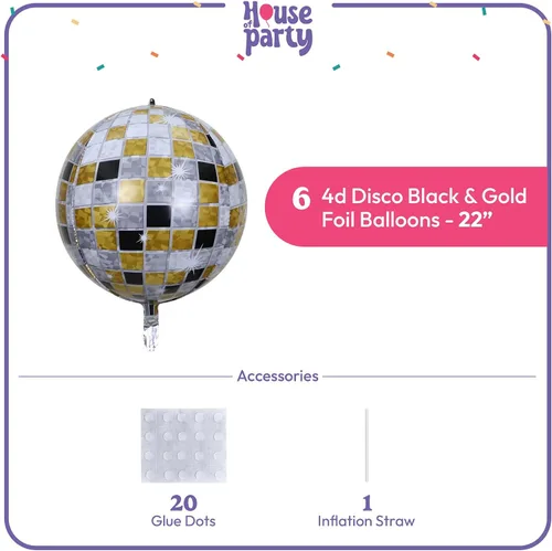 Miniatura 3 de HOUSE OF PARTY Globos de bola de discoteca 4D dorados y negros, 6 unidades, globos de aluminio de Mylar de 22 pulgadas para decoraciones de fiesta
