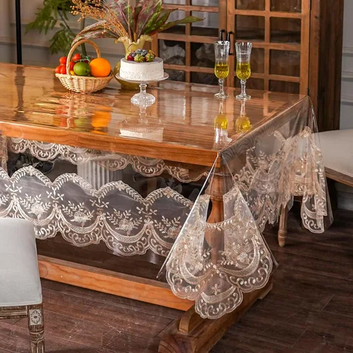 Miniatura 15 de ARTABLE Mantel rectangular de vinilo de PVC, impermeable, transparente, con borde de macramé de encaje champán, para boda, cocina, hogar