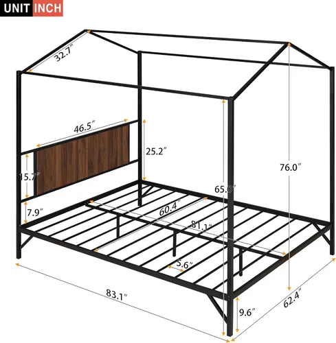 Cama de metal simple con base de tablillas, cama de plataforma tamaño Queen con techo y cabecero, para niños, adolescentes, niños, niñas, uso en el