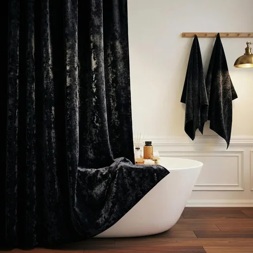 TAMGHO Cortina de ducha negra para baño, lujosa cortina de ducha de terciopelo aplastado negro, juego de cortina de ducha oscura con ganchos de
