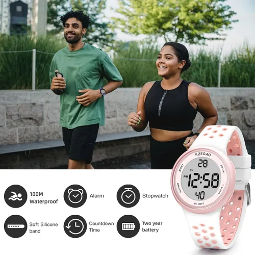 Miniatura 3 de Reloj digital unisex de 10ATM con cronómetro, alarma, cuenta regresiva, doble hora con banda de silicona suave de doble inyección, Rosa-Blanco
