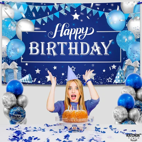 Miniatura 4 de KatchOn, Cartel grande de feliz cumpleaños plateado y azul - 72 x 44 pulgadas Cartel de pared de feliz cumpleaños para hombres Telón de fondo