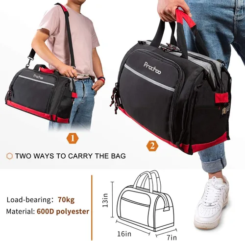 Miniatura 6 de Bolsa de herramientas de boca ancha con 25 bolsillos bolsa de almacenamiento de 16 pulgadas con correa de hombro ajustable negro/rojo