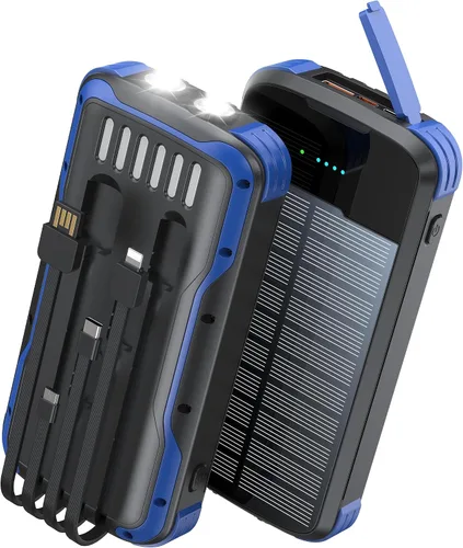 Miniatura 17 de Cargador Solar Power Bank, PD 20W Carga Rápida Batería Externa, 40000mAh Cargador de Teléfono Portátil con 4 Cables Integrados con Linternas