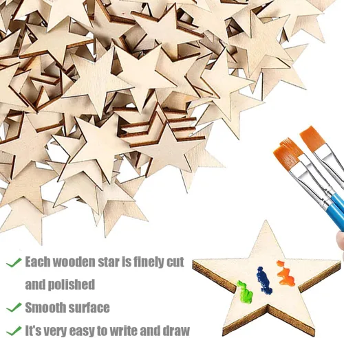 Miniatura 7 de 100 piezas de estrellas de madera de 2 pulgadas con forma de estrellas de madera sin terminar, recortes de estrellas de madera en blanco