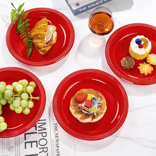 Miniatura 5 de WELLIFE Platos de plástico rojos de 9 pulgadas, 50 unidades, platos desechables para fiesta, día de la madre, plato para cena, postre, suministros