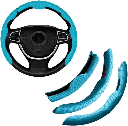 Miniatura 13 de Funda para volante de automóvil, de piel napa de 15 pulgadas, juego de 3 protectores antideslizantes para volante de automóvil, ajuste universal