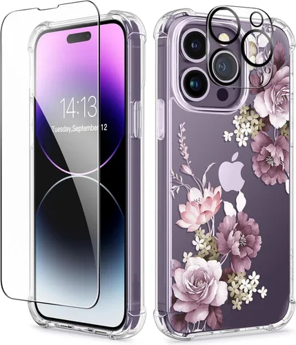 Miniatura 95 de GVIEWIN - Funda floral para iPhone 14 de 6.1 pulgadas, protector de pantalla + protector de lente de cámara, no se amarillenta, a prueba de golpes