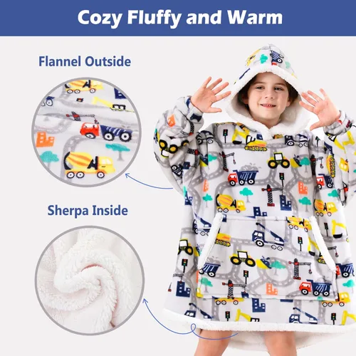 Miniatura 3 de Sudadera Manta, Manta Vestible de Vellón Sherpa para Niños, Manta con Capucha de Franela Afelpada, Regalo de Sudadera con Bolsillo Gigante